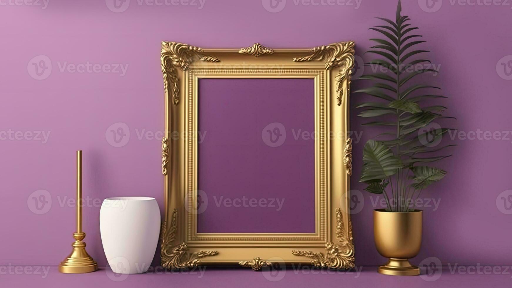 3D Render of Golden Vintage Frame With Image Placeholder, Plant Pot And Decorative Objects. photo