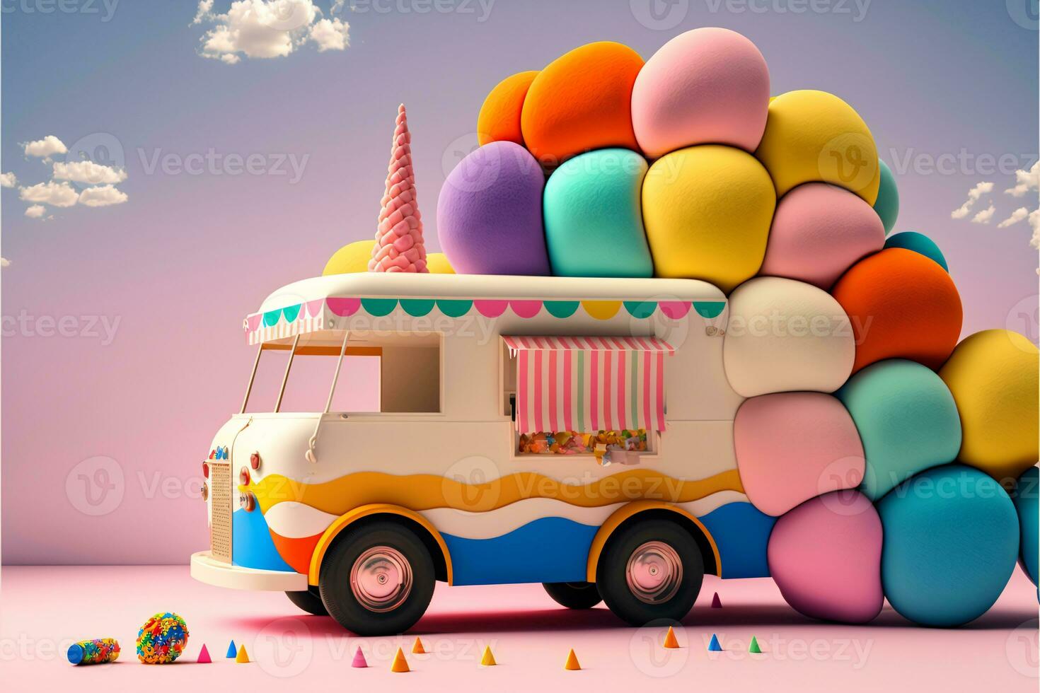 3D Render, Fantasy Colorful Food Truck of Candyland On Pink And Blue Background. photo