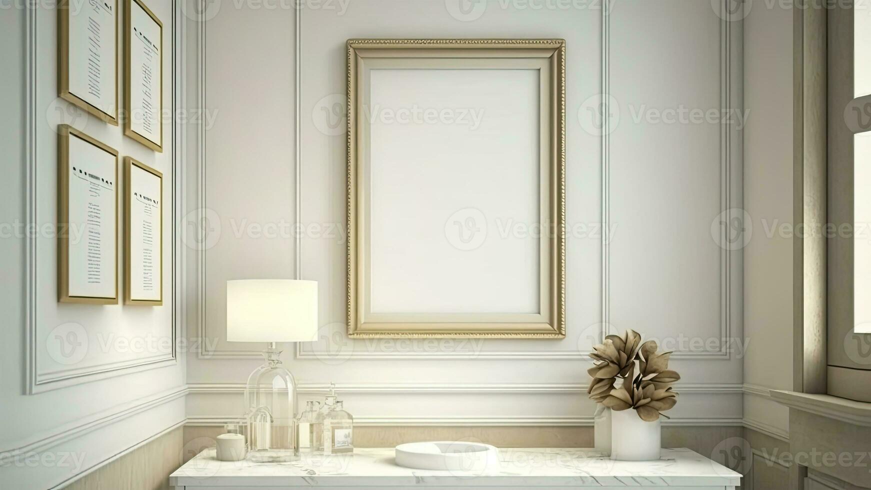 3D Render, Interior Wall Panels Decorated With Golden Frames Mockup And Decorative Objects On Desk. photo