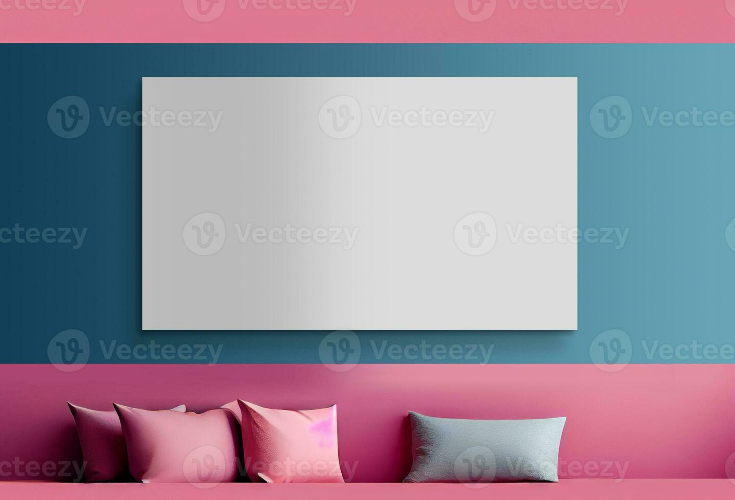 3D Render of Blank Canvas or Display Mockup On Blue And Pink Interior Wall, Realistic Cushions. photo
