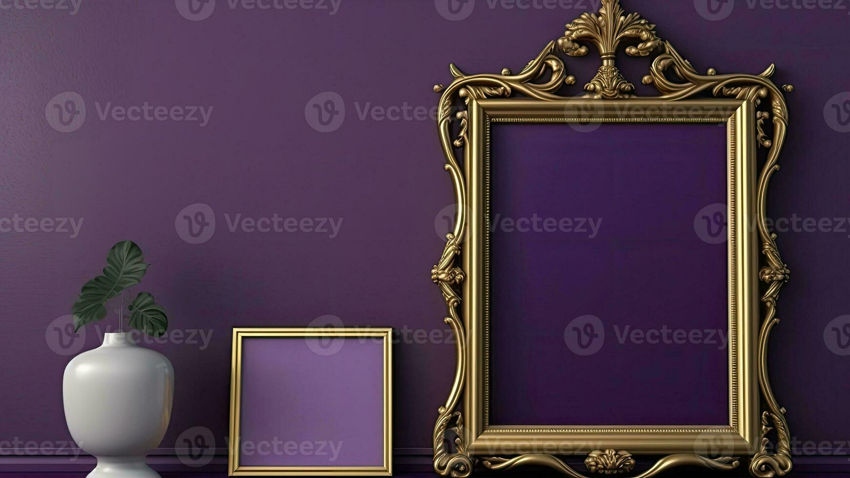 3D Render of Blank Golden Vintage Frames And Monstera Plant Pot On Purple Wall Background. photo