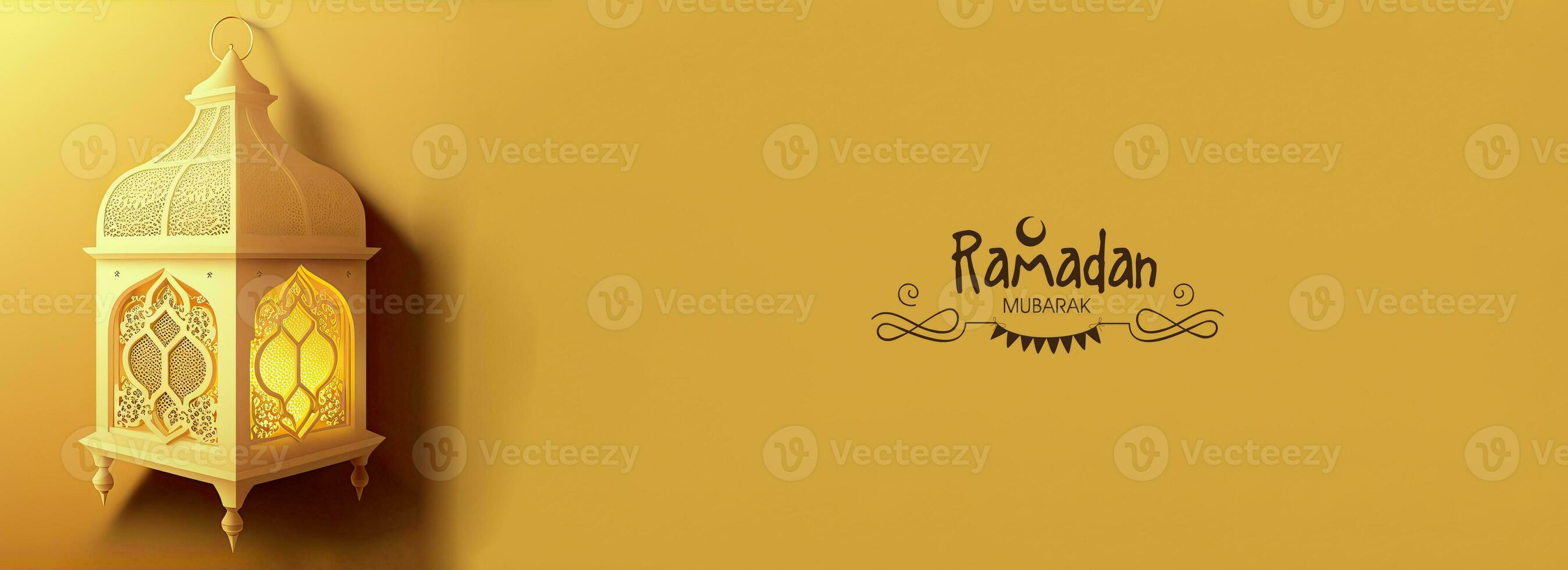 Ramadan Mubarak Banner Design With 3D Render of Golden Illuminated Arabic Lamp On Yellow Background. photo