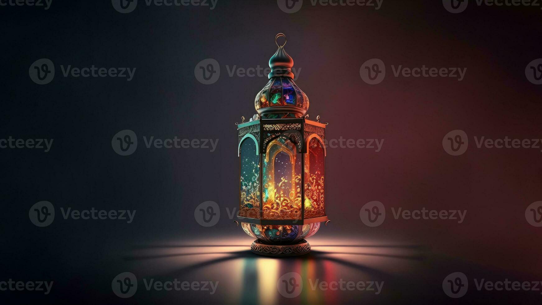 Realistic Illuminated Arabic Lantern On Dark Background. Islamic Religious Concept. 3D Render. photo