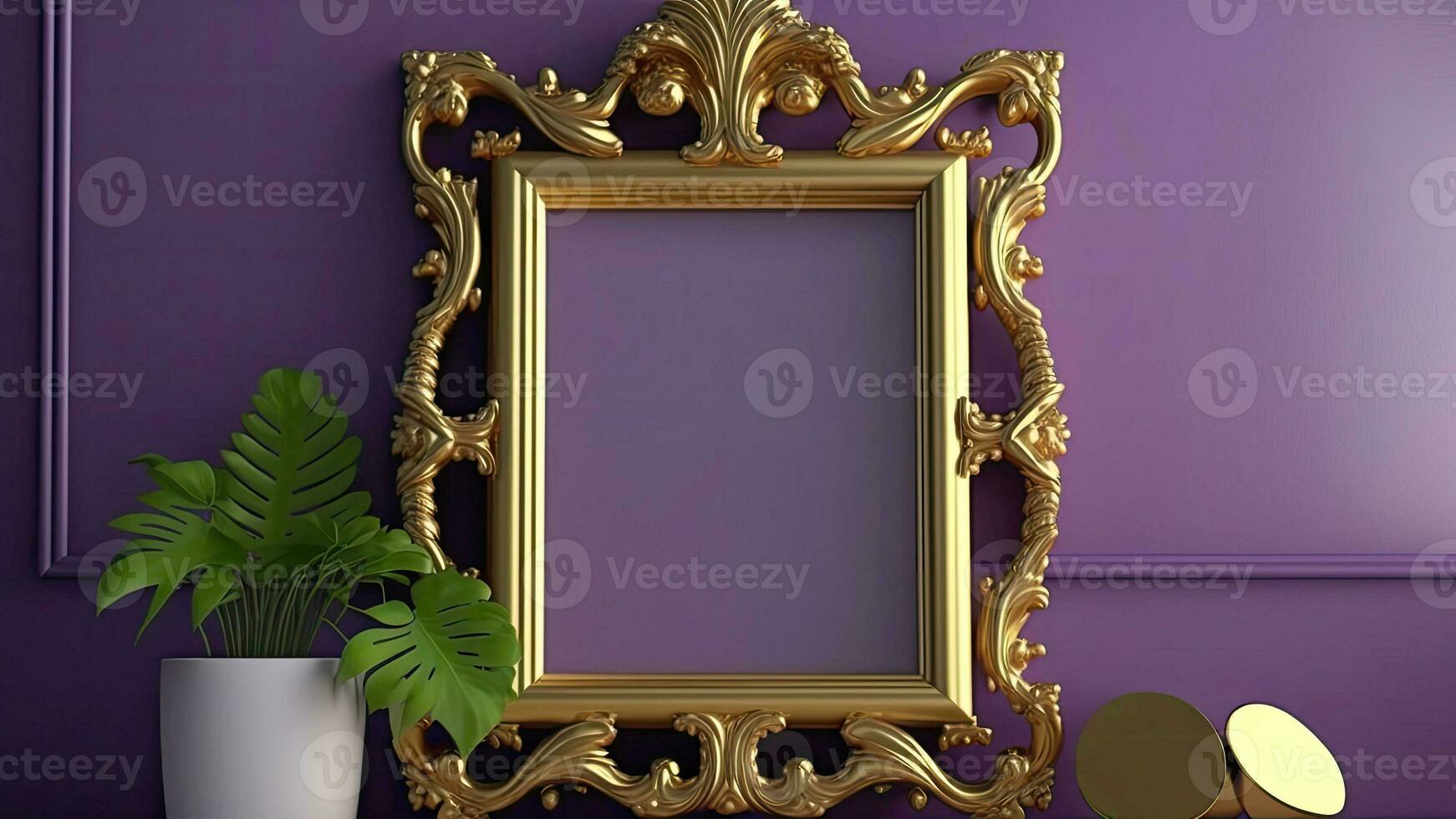 3D Render of Golden Vintage Frame With Image Placeholder And Monstera Plant Pot. photo