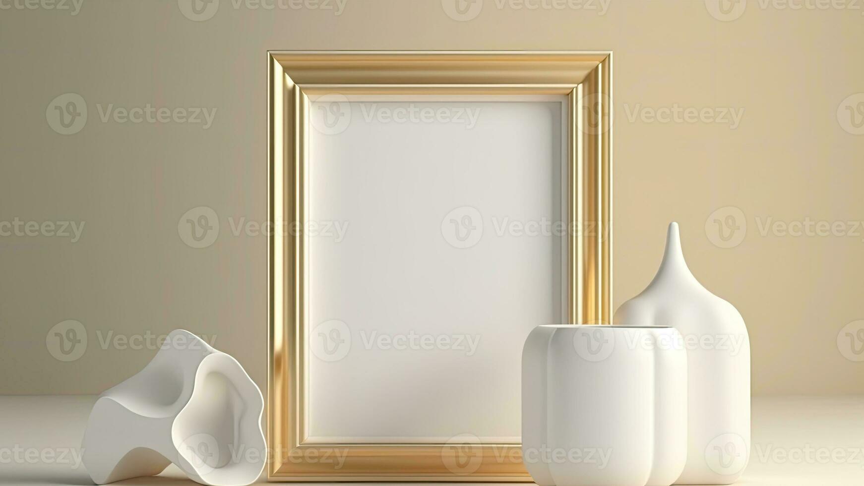 3D Composition of Golden And White Photo Frame Mockup, Clay Modelling Objects.