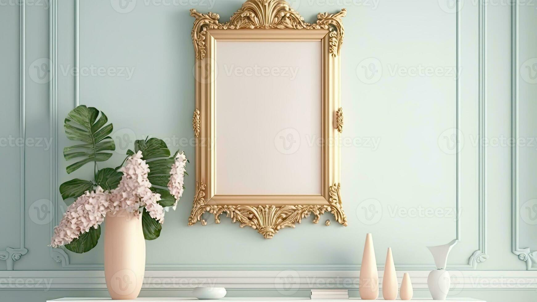 3D Render of Golden Vintage Frame Mockup With Image Placeholder On Classic Interior Wall And Plant Pot Over Desk. photo