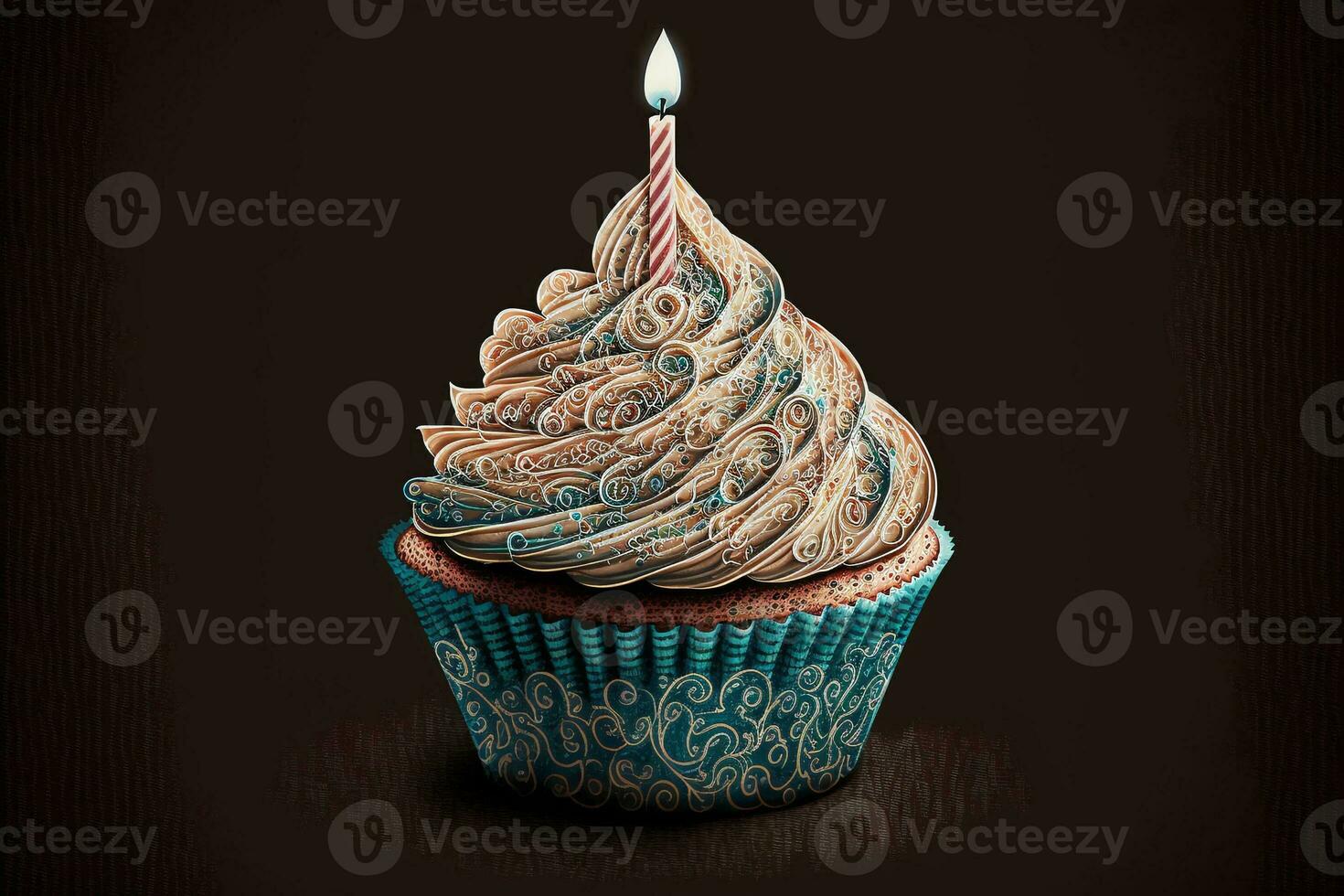 Realistic Lit Candle On Colorful Cupcake. 3D Render. photo