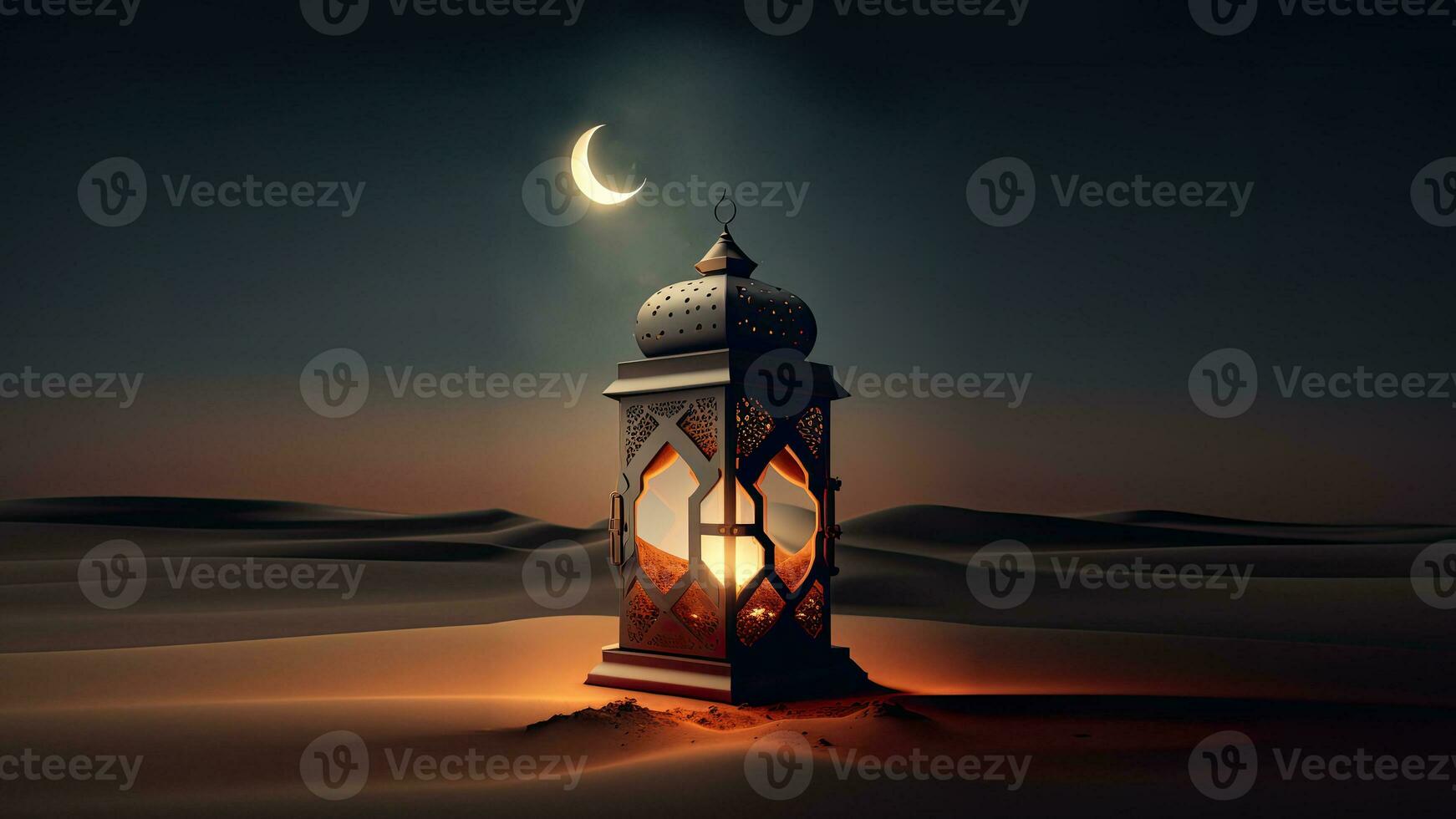 3D Render of Illuminated Arabic Lamp On Sand Dune And Realistic Crescent Moon. Islamic Religious Concept. photo