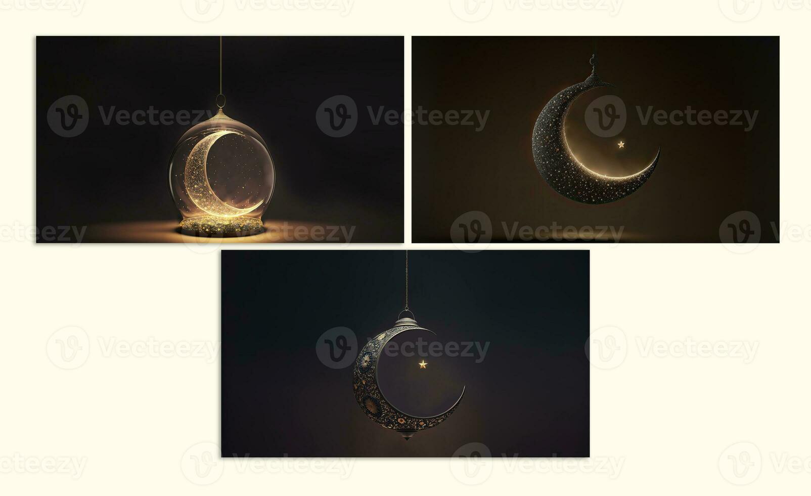 Collection of Hanging Crescent Moon And Golden Star On Dark Background. 3D Render. photo