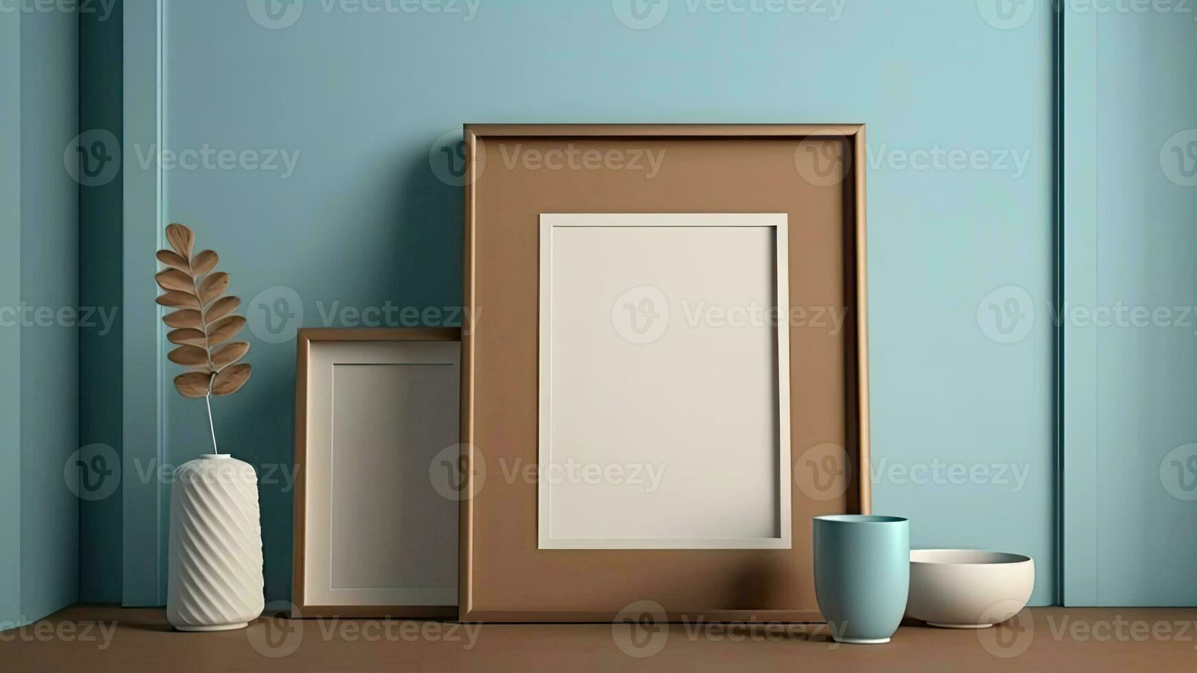 3D Composition of Two Frames Mockup With Plant Pot, Earthen Pottery On Blue And Brown Background. photo