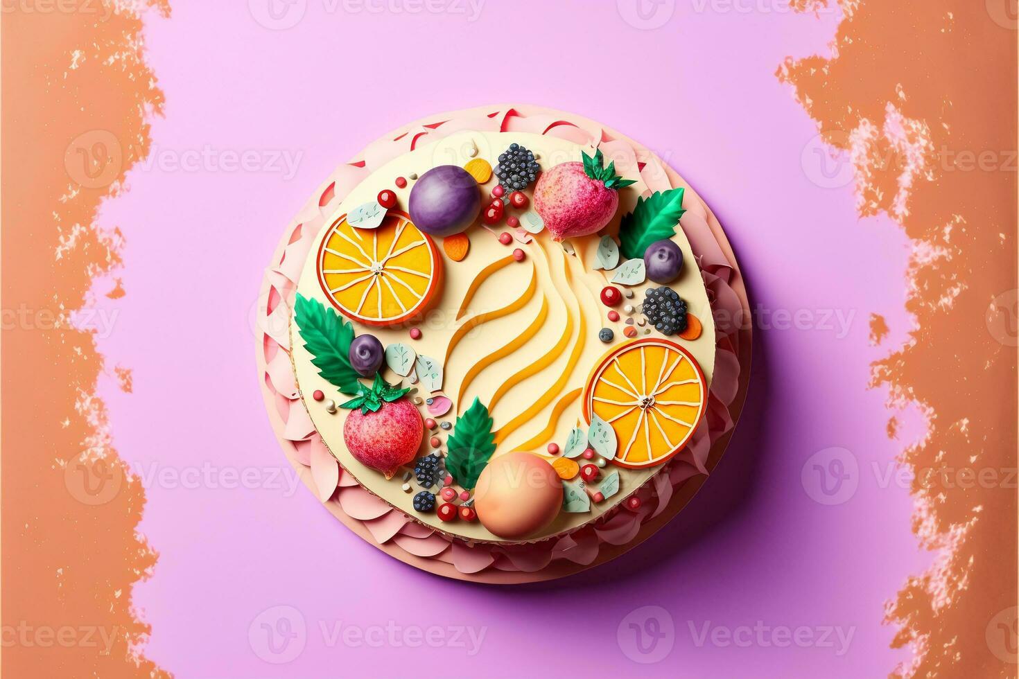 3D Render, Top View of Beautiful Fruit Cake On Pastel Purple And Orange Grunge Background. photo