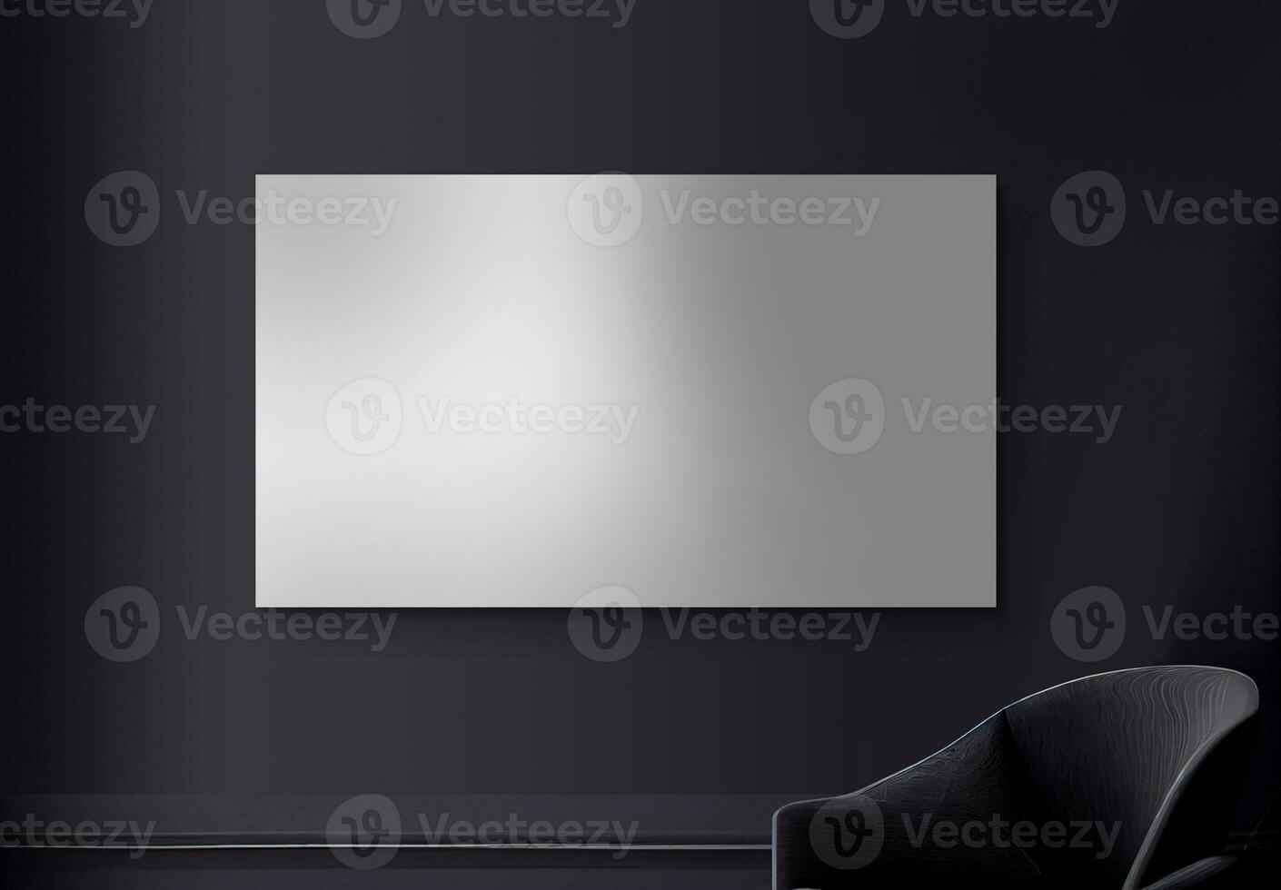 3D Render of Blank White Canvas or Display, Poster Mockup And Realistic Armchair. photo