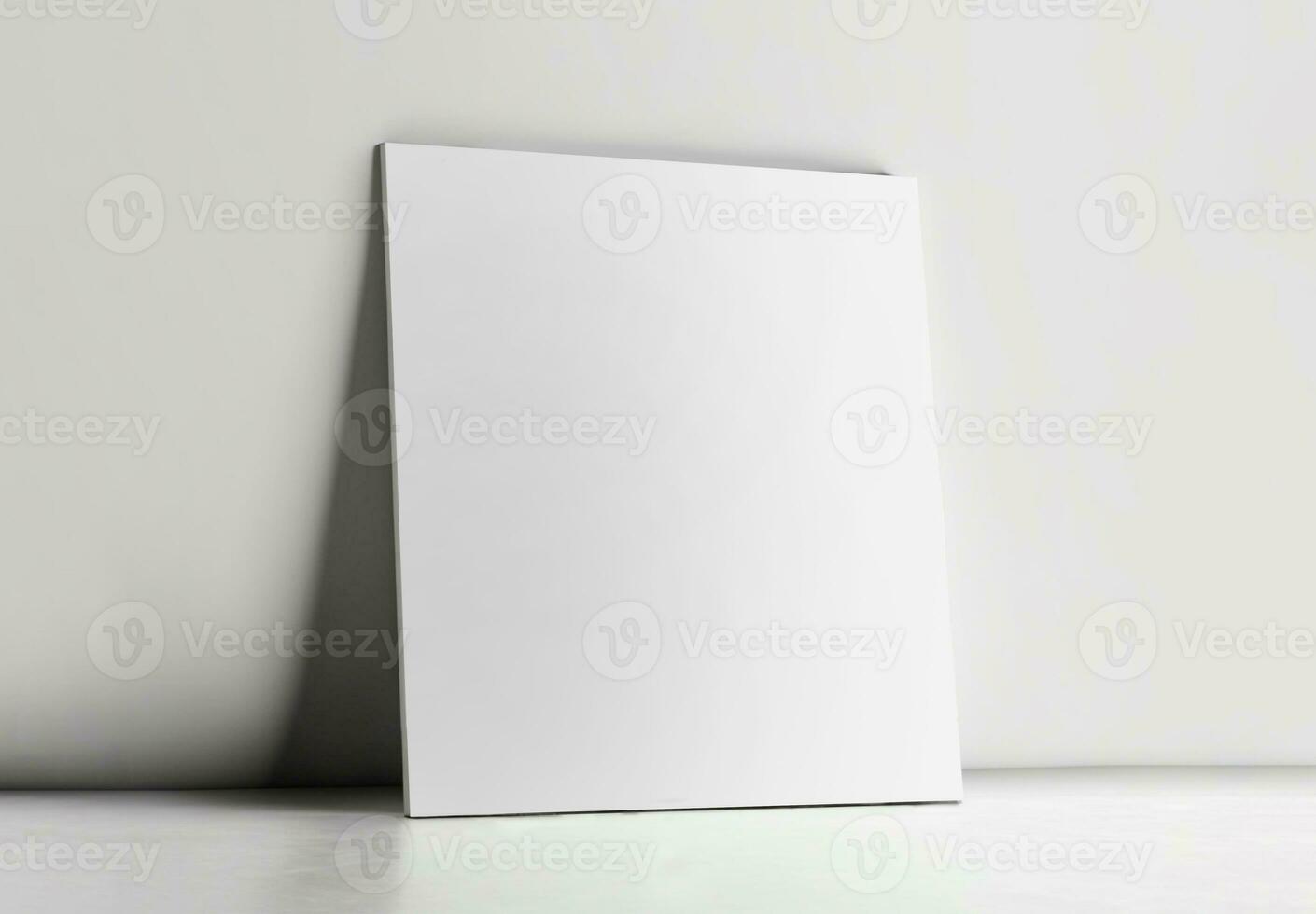 3D Render of Blank Canvas or Poster Mockup Against Wall Background. photo