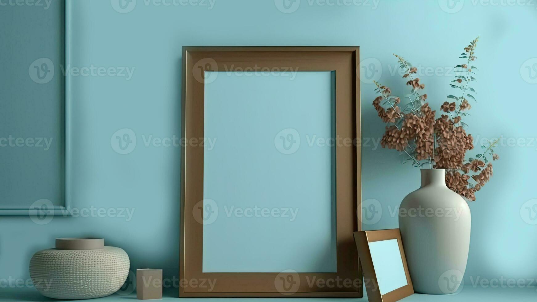 3D Composition of Photo Frames Mockup With Image Placeholder And Clay Modelling Decorative Objects.