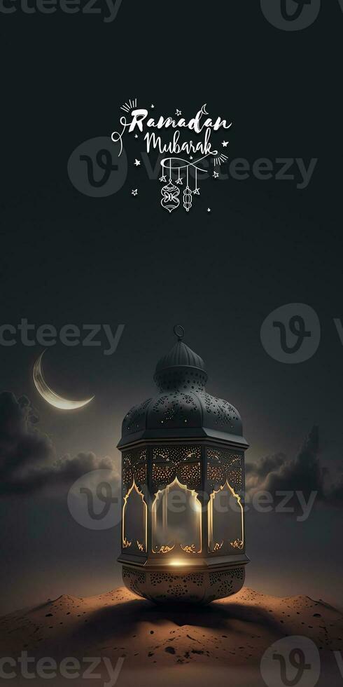 Ramadan Mubarak Vertical Banner Design With 3D Render of Arabic Lamp On Sand Dune And Realistic Crescent Moon. photo