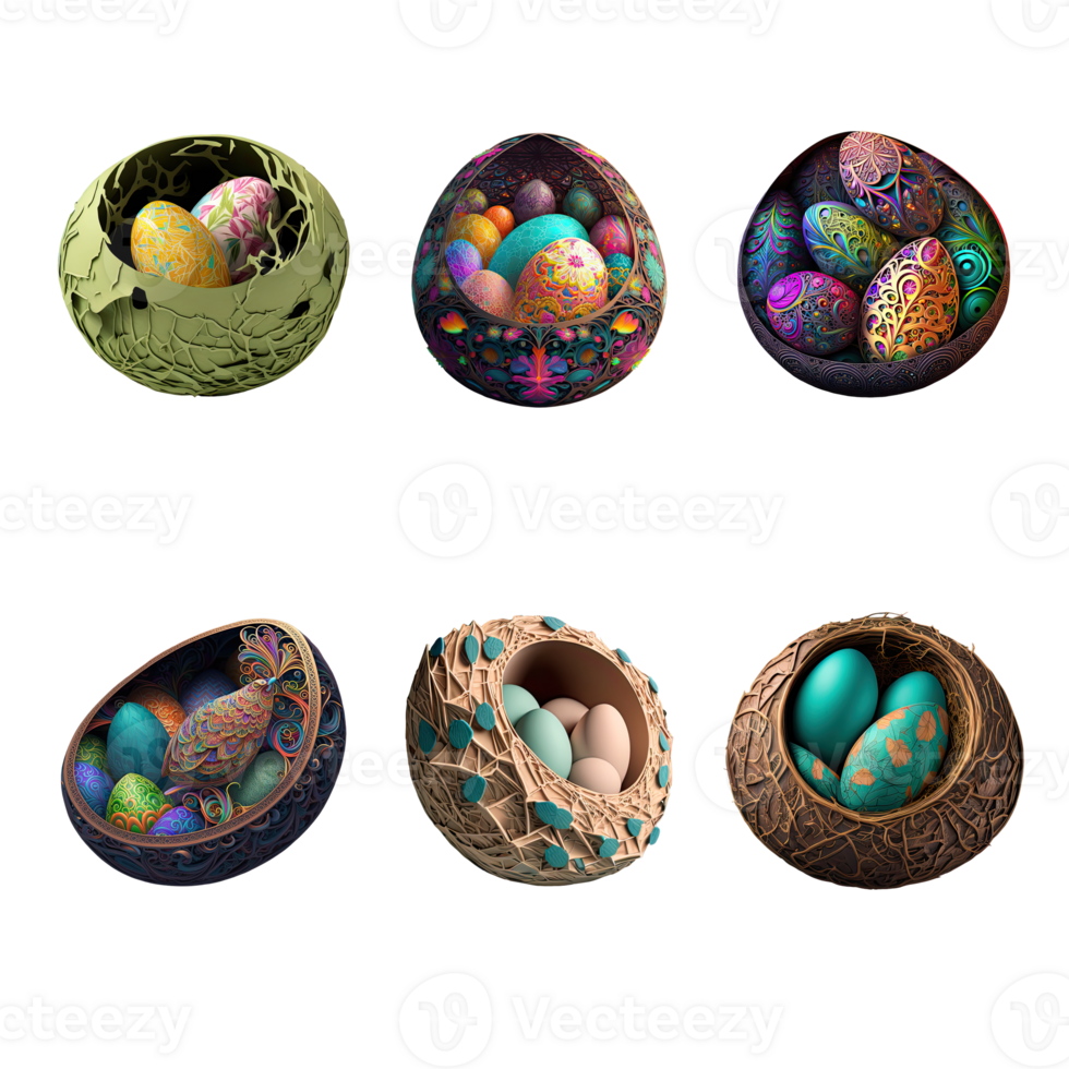 Beautiful Paper Easter Egg Basket Or Birds Nest Collection. 3D Render. png