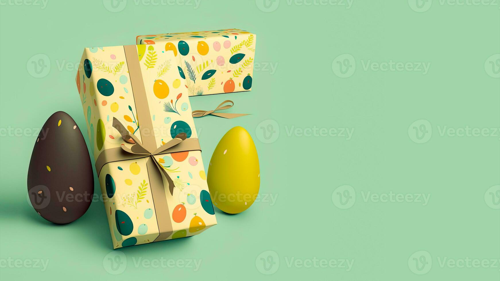 3D Render of Brown And Yellow Easter Eggs With Floral Wrap Gift Boxes on Pastel Green Background And Copy Space. Easter Day Celebration Concept. photo