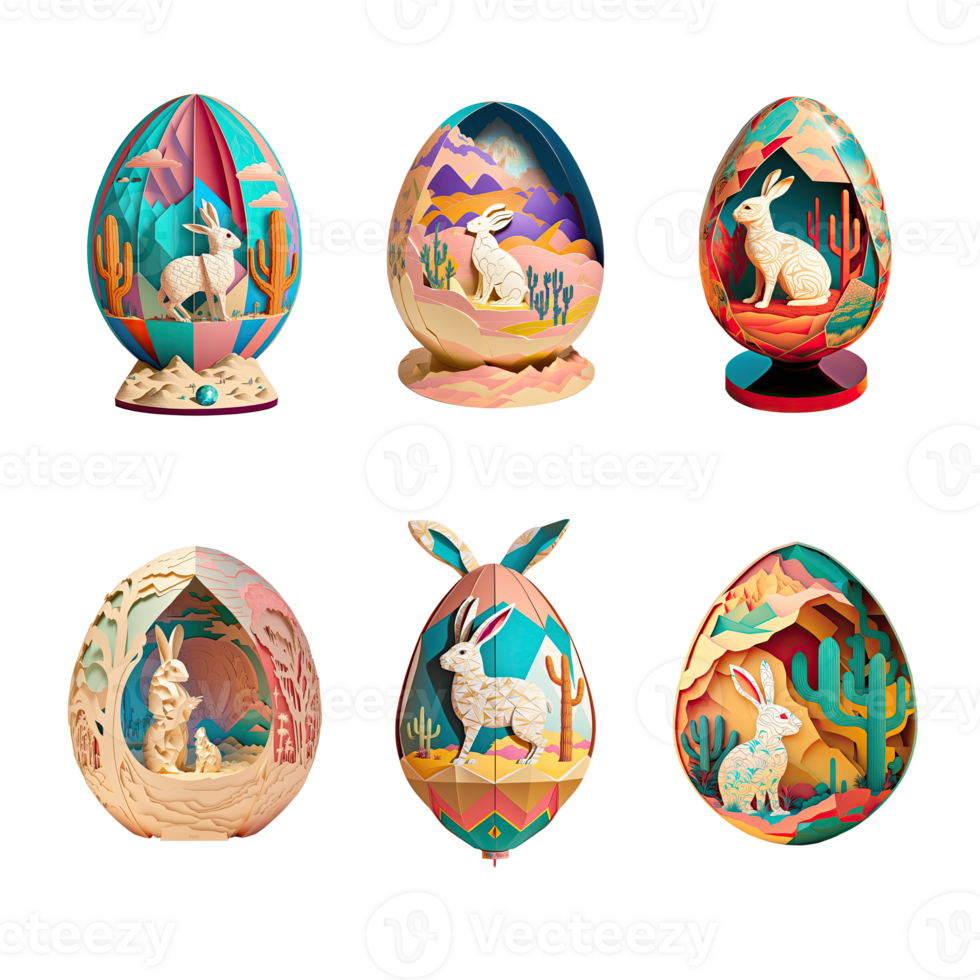 Various Style Paper Mache Egg With Forest And Cute Rabbit Character For Easter Concept. png