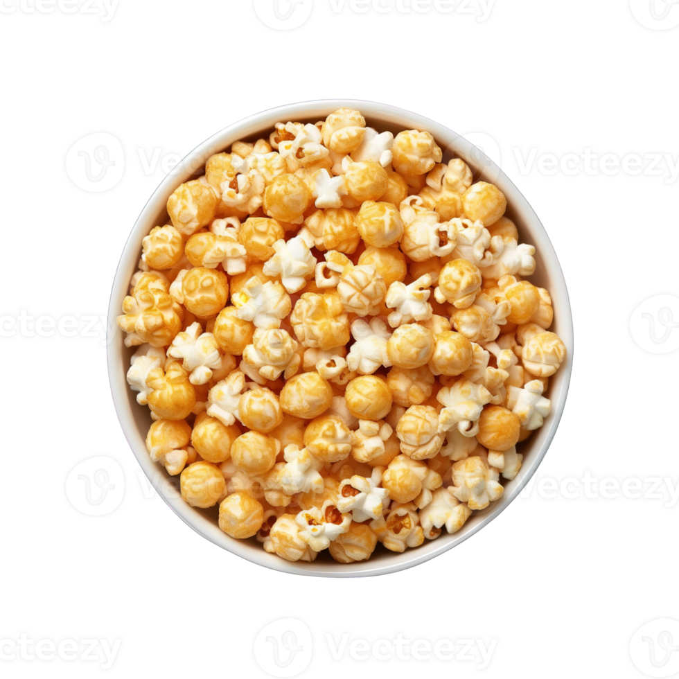 top view popcorn in bowl isolated on transparent background. png