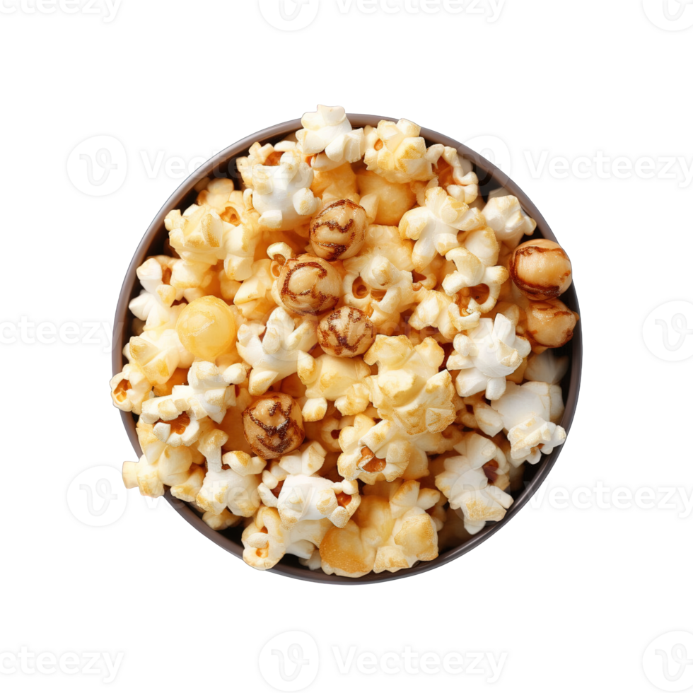 top view popcorn in bowl isolated on transparent background. png