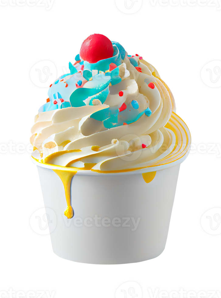 Tasty colorful ice cream cup with syrups and fruits on transparent background png