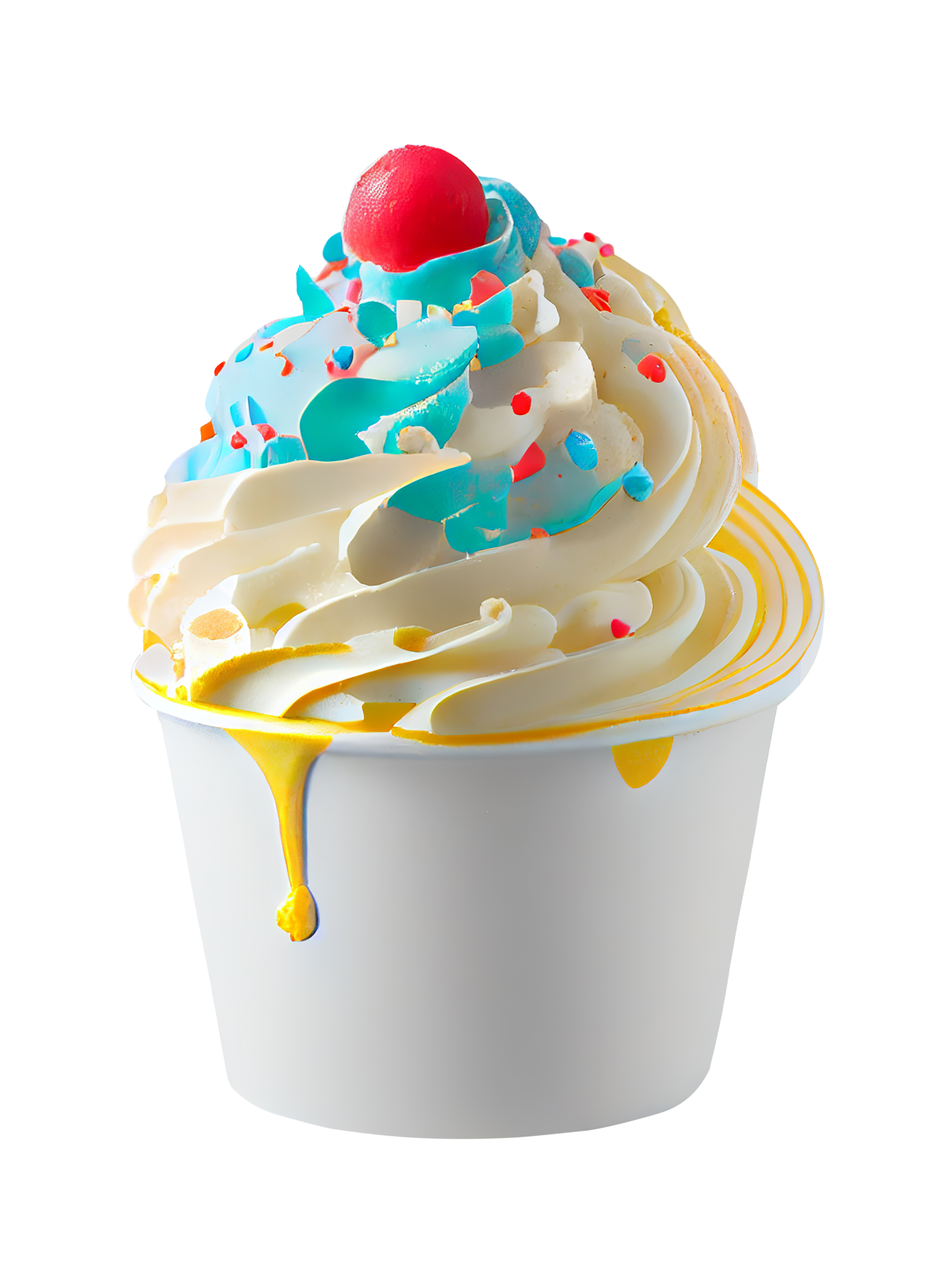 Tasty colorful ice cream cup with syrups and fruits on transparent