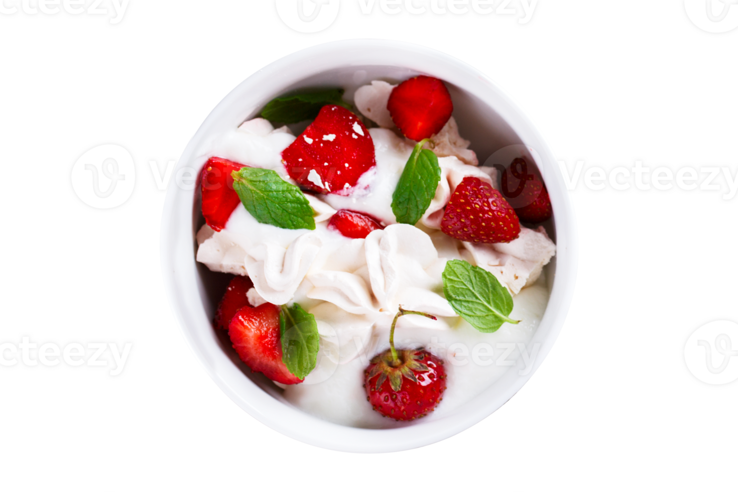 Erdbeeren mit ausgepeitscht Sahne Schüssel auf transparent Hintergrund ...