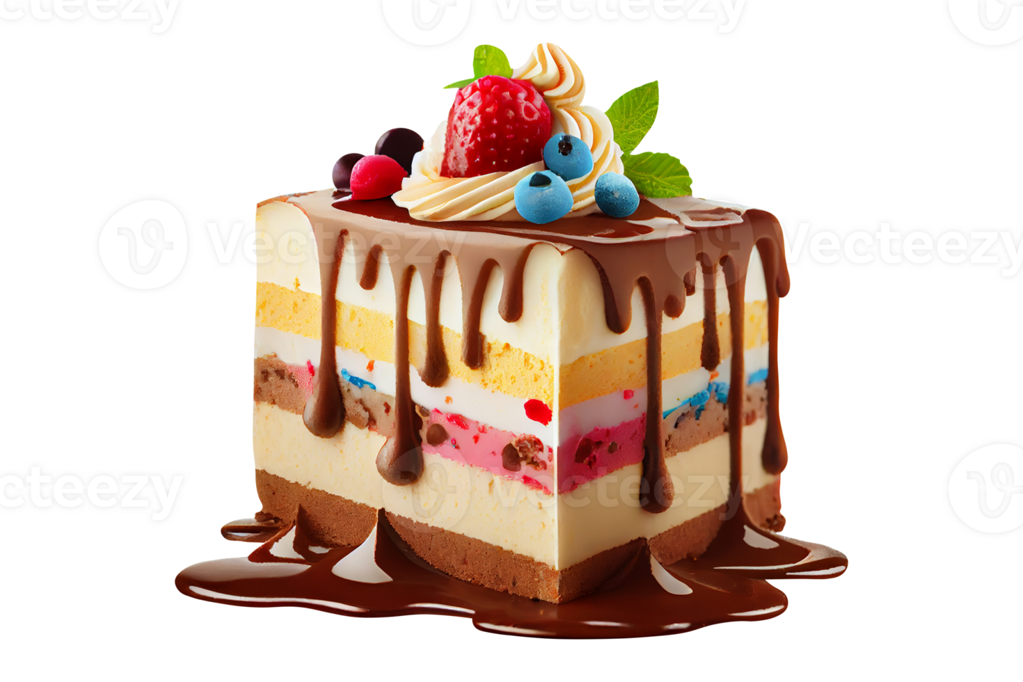 Fresh sweet ice cream cake with chocolate syrup and berries on transparent background png