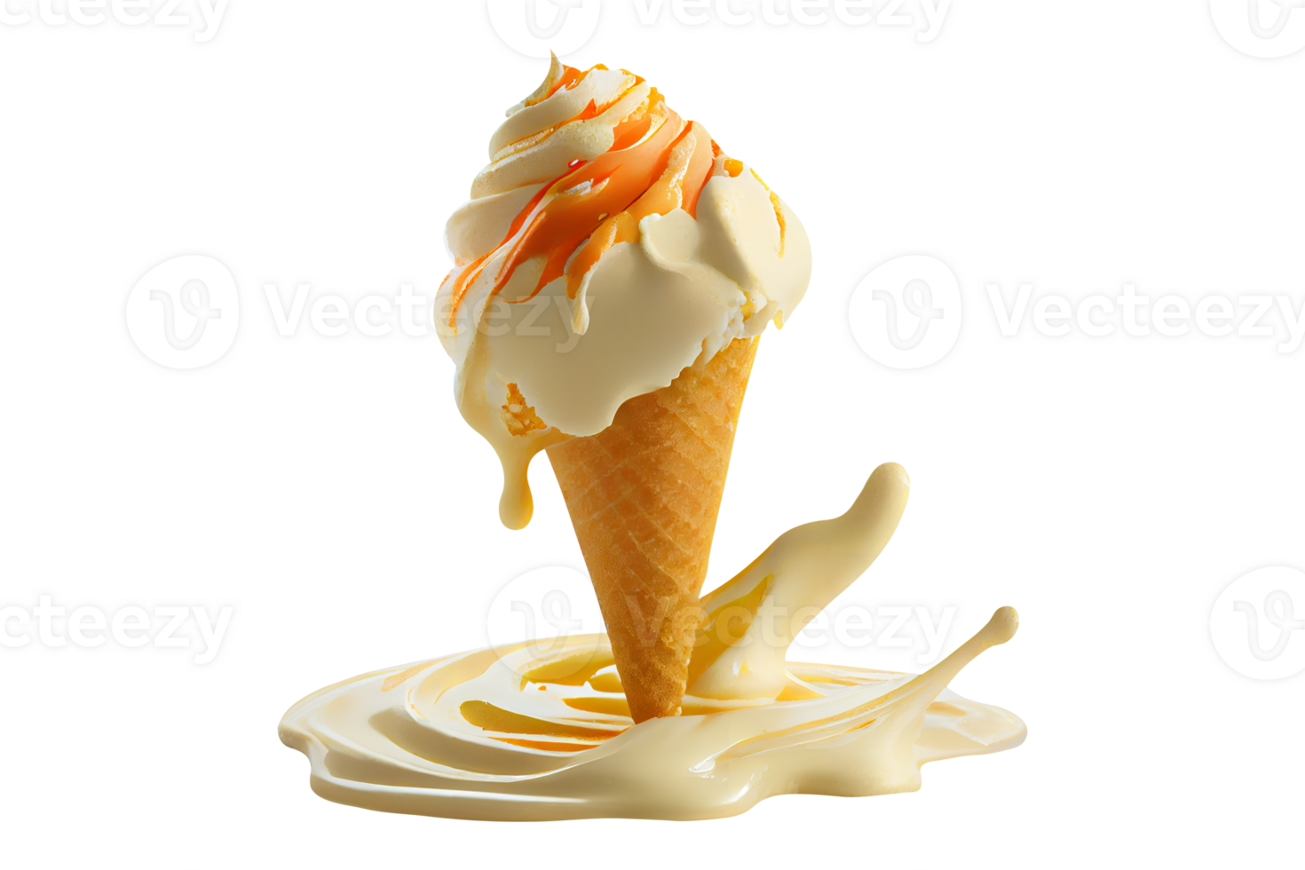 Tasty colorful ice cream cup with syrups and fruits on transparent background png