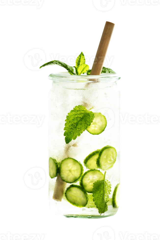 Delicious refreshing water with mint and cucumber on transparent background png