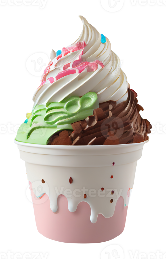 Tasty colorful ice cream cup with syrups and fruits on transparent background png