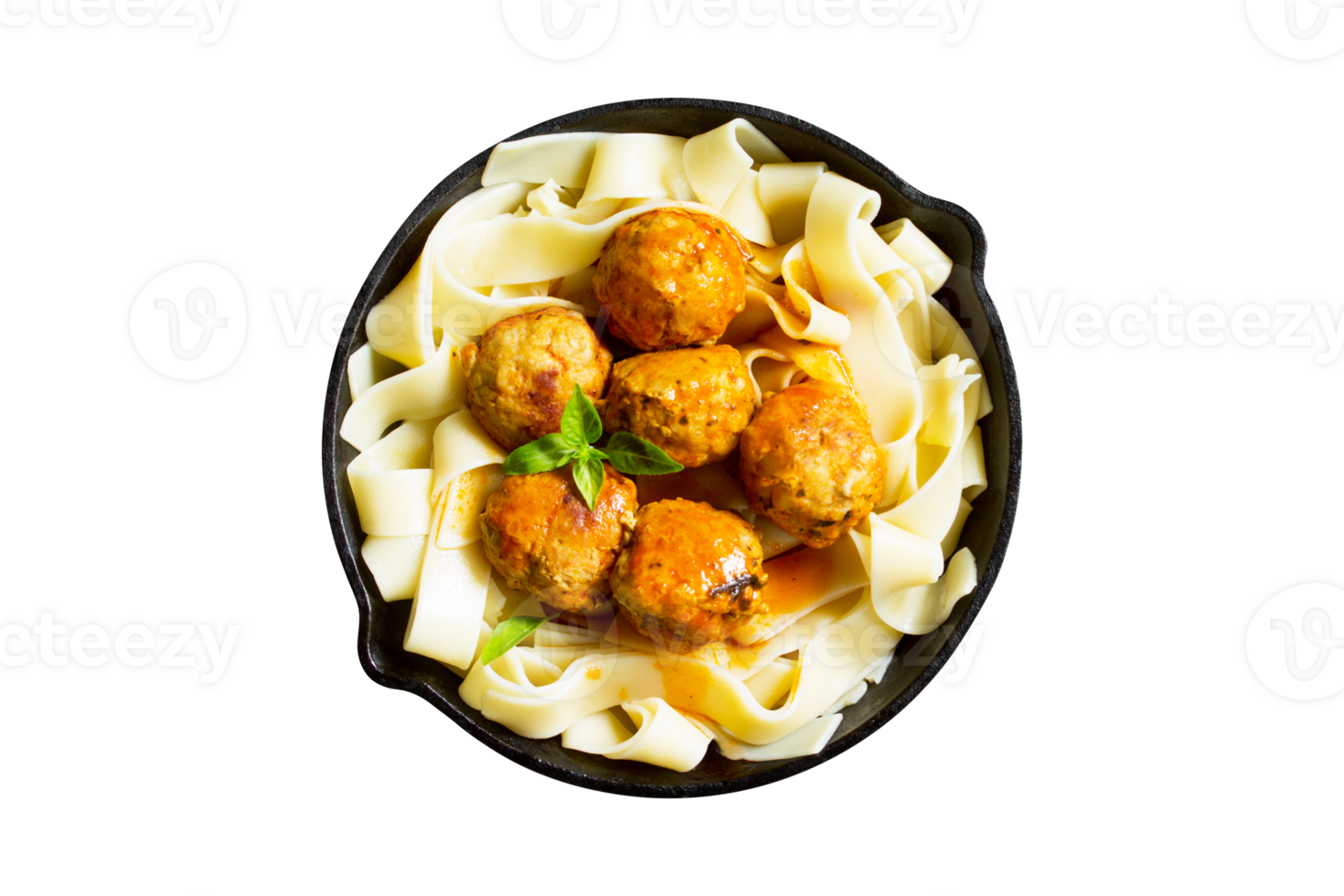Fettuccine pasta with homemade beef meatballs on transparent background png