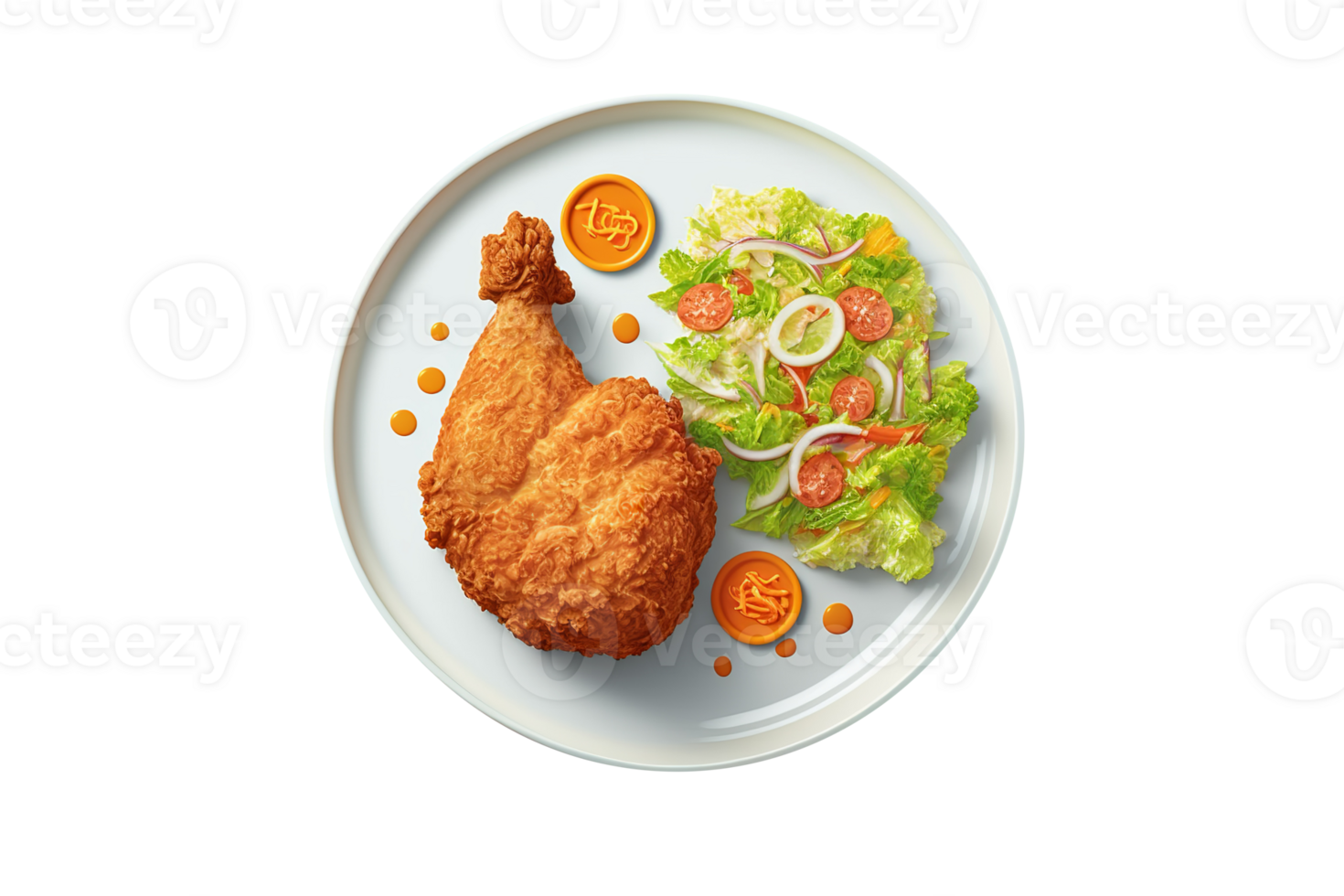 Fried chicken leg piece with vegetables on transparent background png