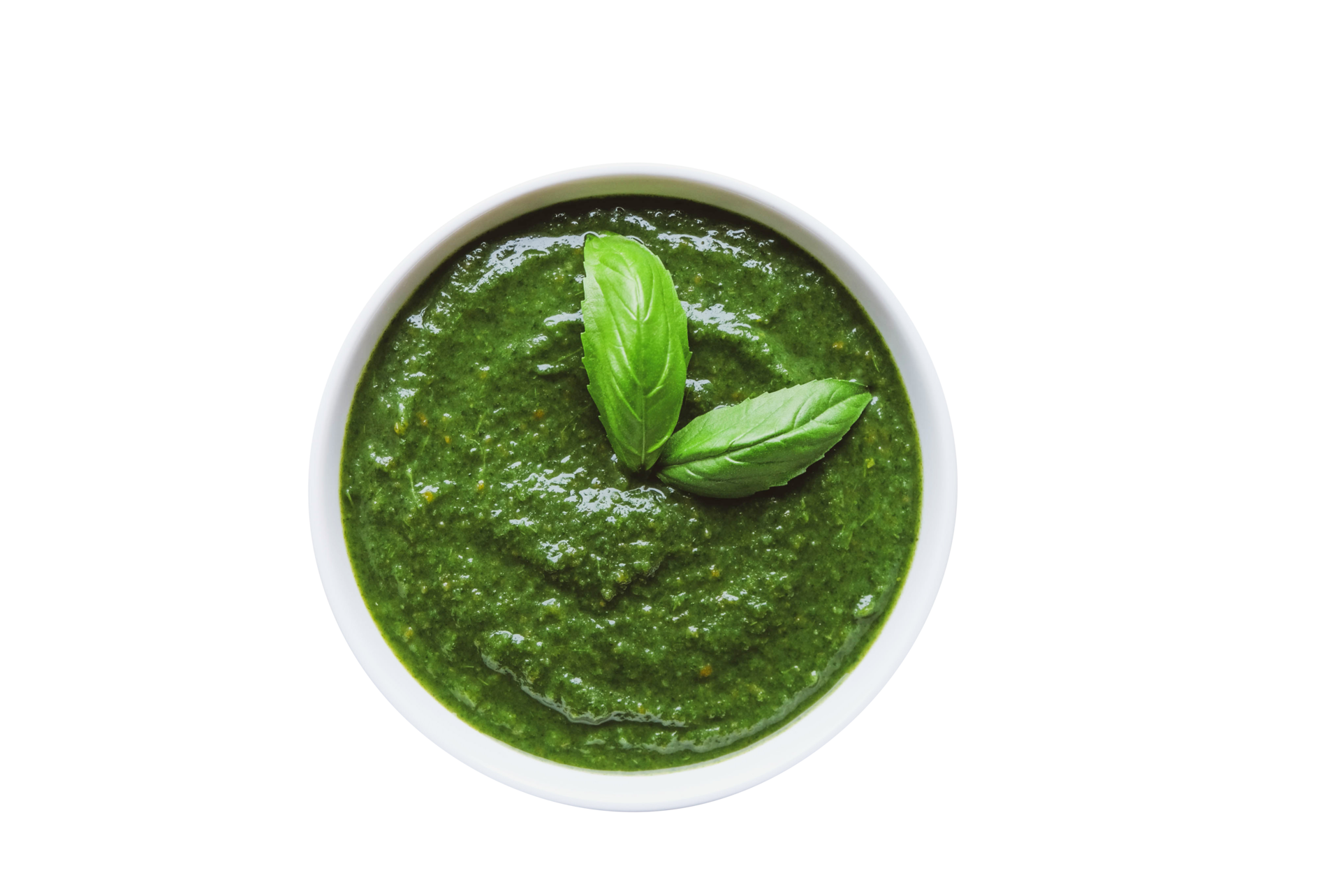 Tasty green pesto paste bowl with basil leaves on transparent background  24108079 PNG