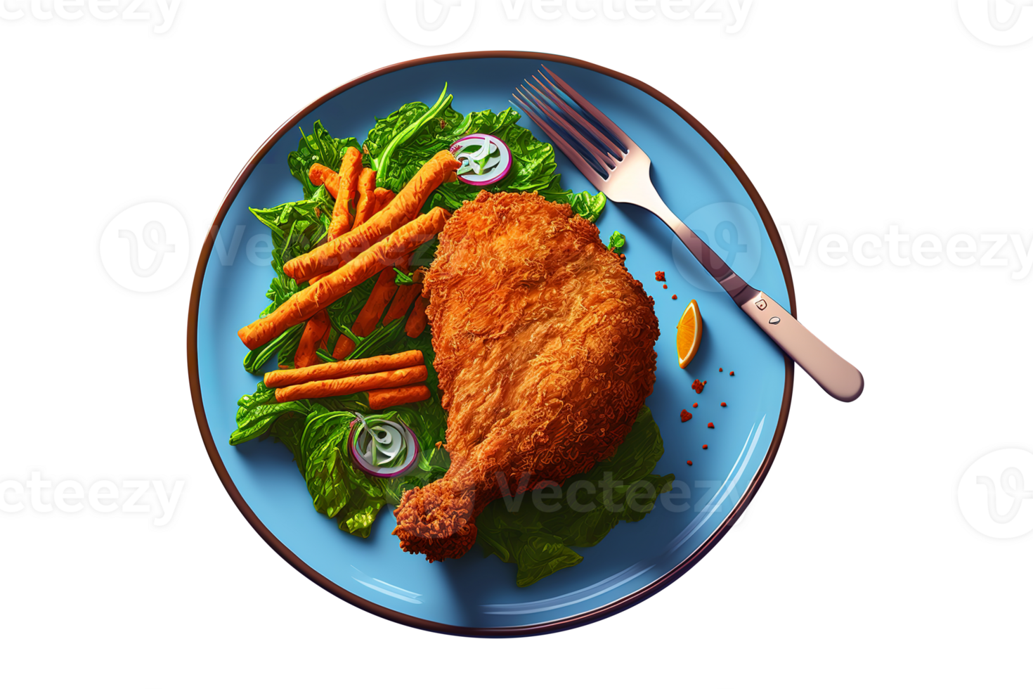 Crispy fried chicken leg pieces on plate with transparent background png