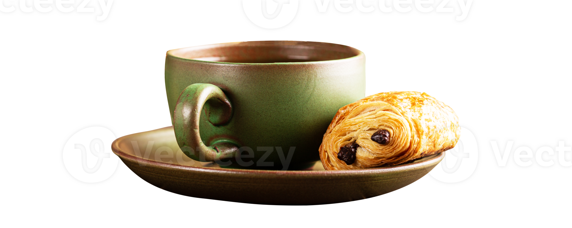 Green cup of tea with mini crispy bun on transparent background png