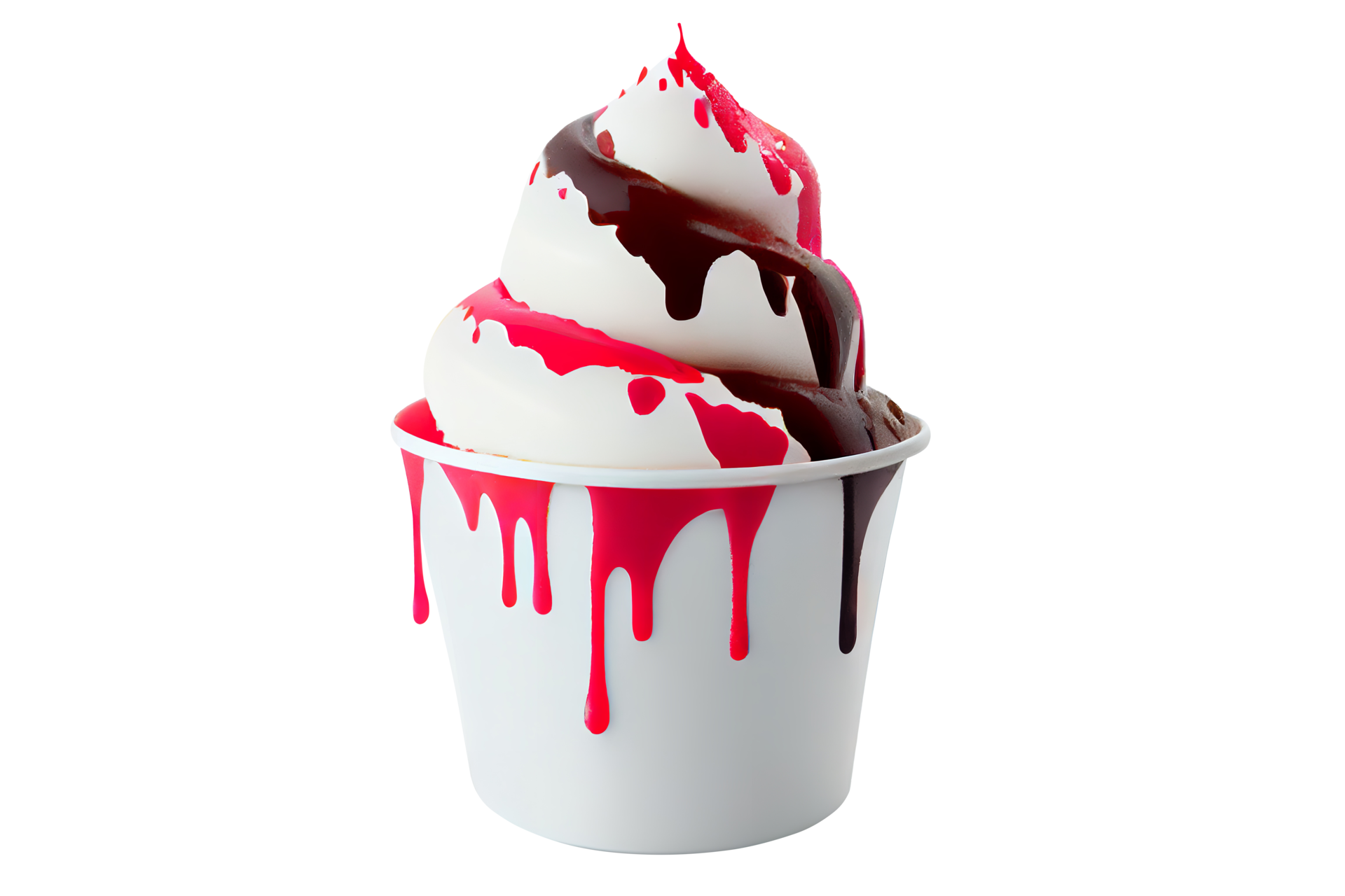 Tasty colorful ice cream cup with syrups and fruits on transparent