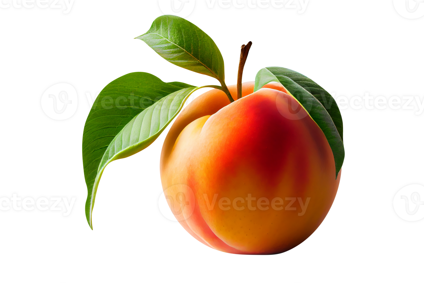 Fresh tasty peach fruit with leaves on transparent background png