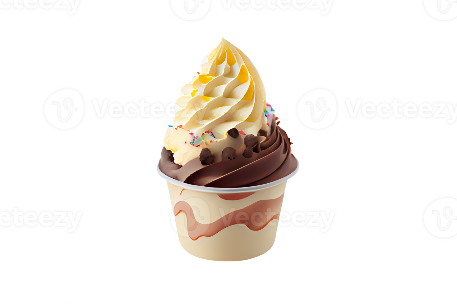 Tasty colorful ice cream cup with syrups and fruits on transparent background png