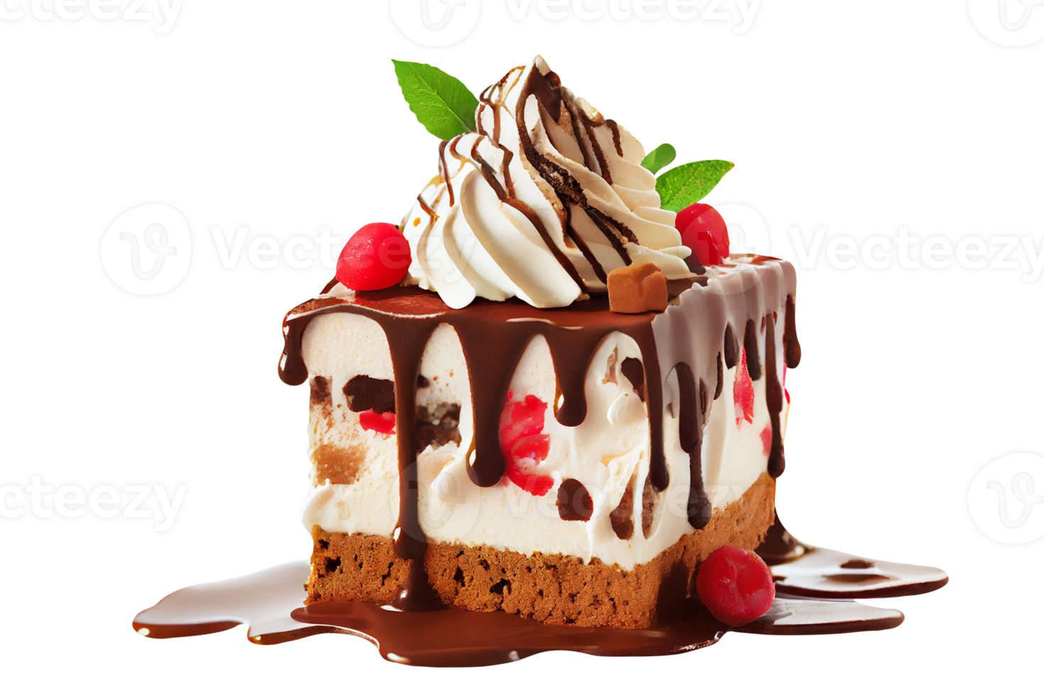 Fresh sweet ice cream cake with chocolate syrup and berries on transparent background png