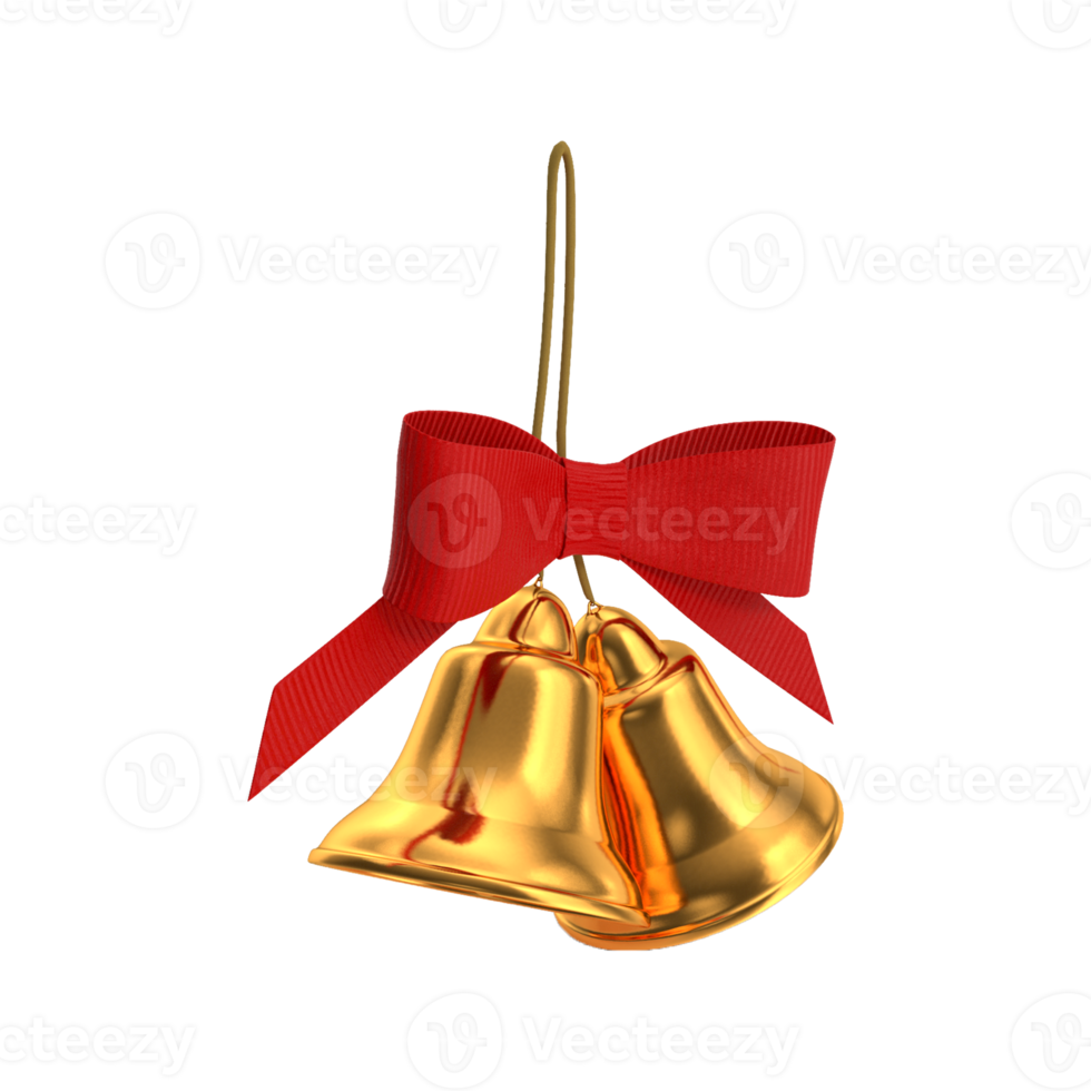 Golden christmas bells with red bow on transparent background png