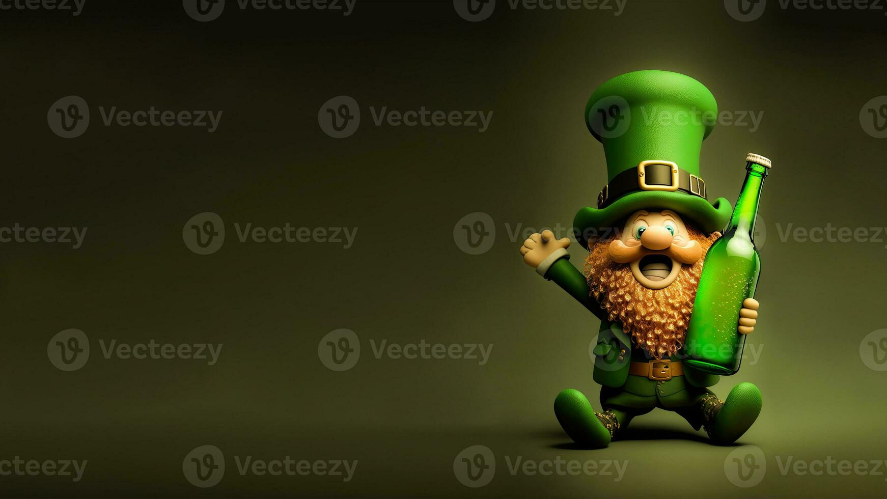 3D Render of Cheerful Leprechaun Man Holding Alcohol Bottle On Olive Green Background. St. Patrick's Day Concept. photo