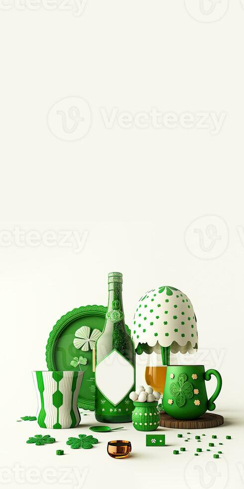 3D Composition of Alcohol Bottle With Drink Glass, Mugs, Plate And Decorative Elements On White Background. St. Patrick's Day Concept. photo