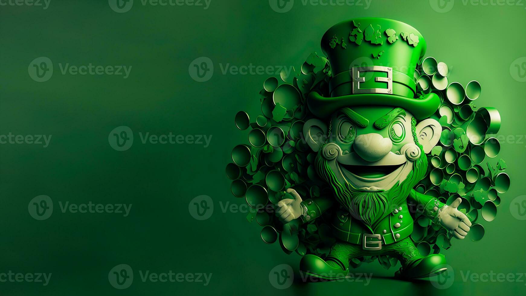 Clay Modeling of Leprechaun Man On Green Paper Circles Background And Copy Space. 3D Render, St. Patrick's Day Concept. photo