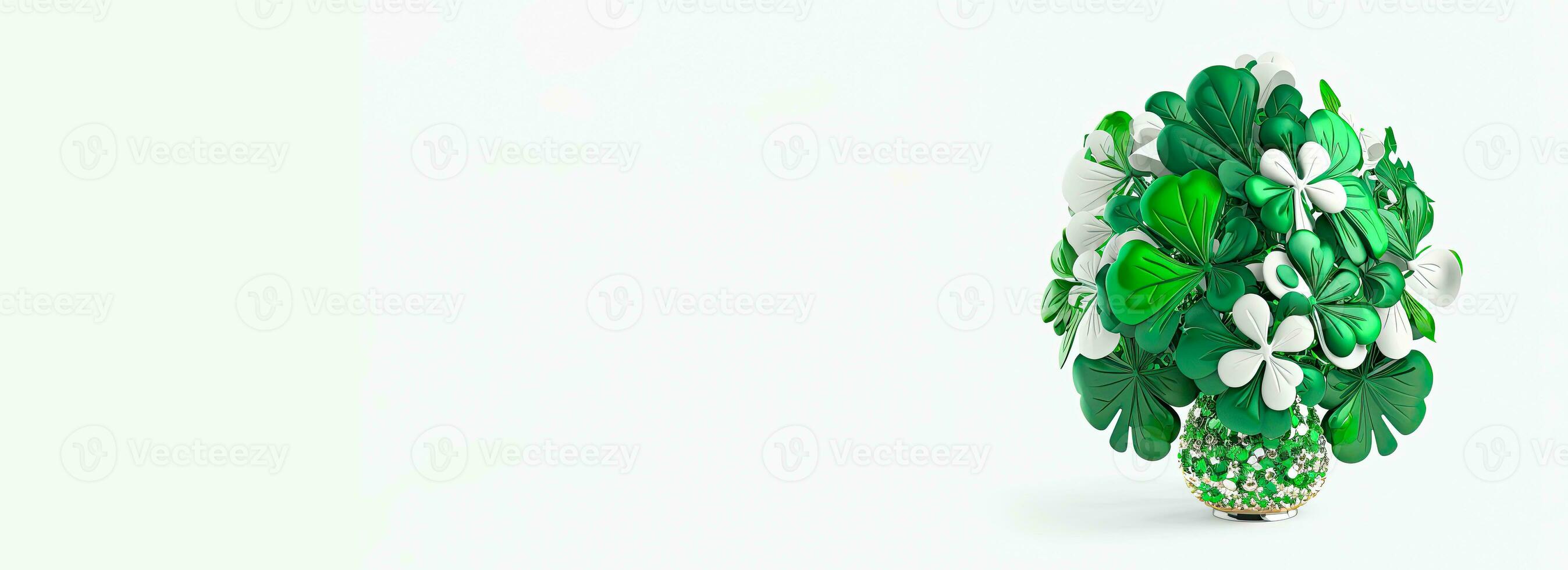 3D Render of White And Green Clover Plant Pot Against Background. St. Patrick's Day Concept. photo