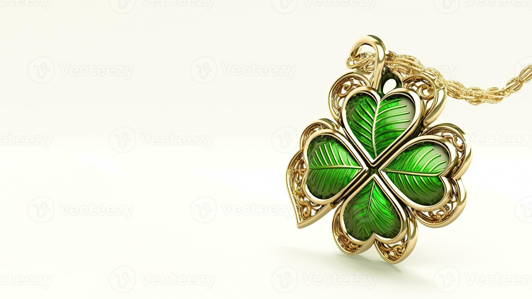 3D Render of Glossy Green And Golden Clover Pendant And Copy Space. St Patricks Day Concept. photo