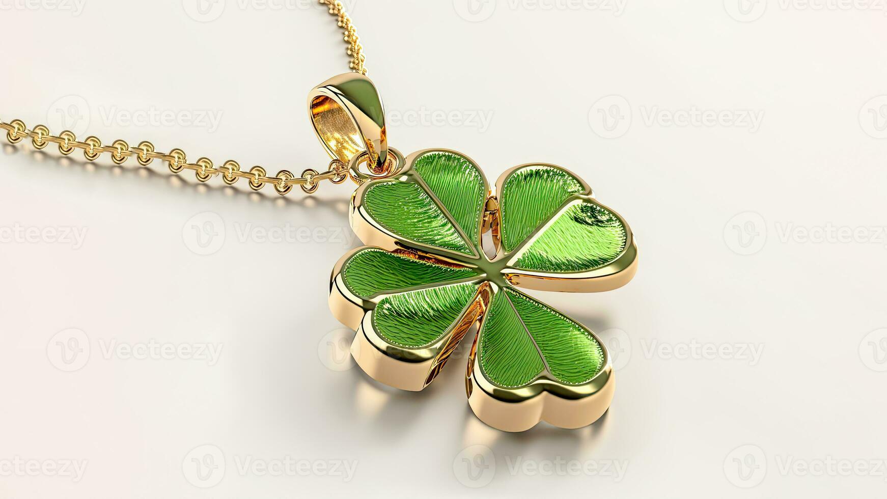 Isolated 3D Render of Shiny Green And Gloden Clover Pendant And Copy Space. St Patricks Day Concept. photo