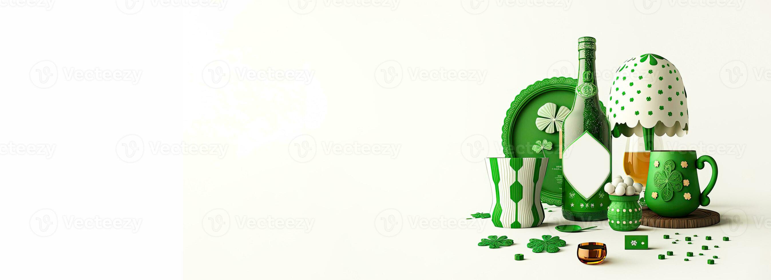 3D Composition of Alcohol Bottle With Drink Glass, Mugs, Plate And Decorative Elements On White Background. St. Patrick's Day Concept. photo