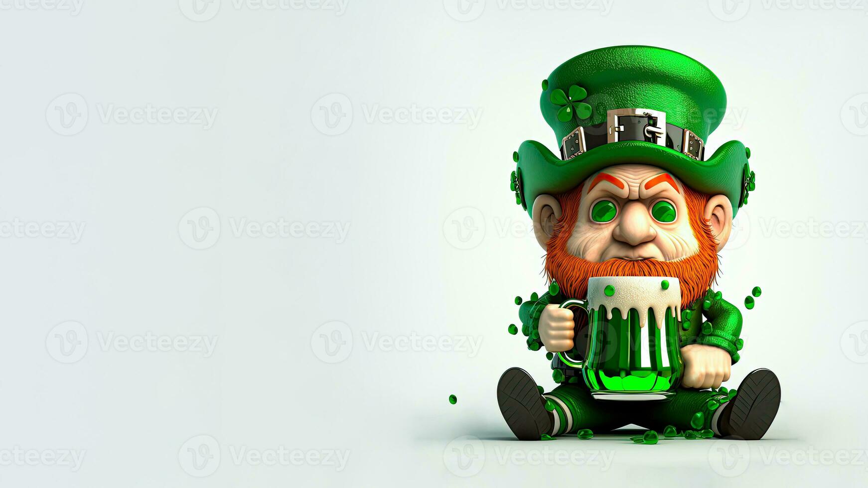 Clay Modeling of Leprechaun Man Sitting With Hold Beer Mug And Copy Space. 3D Render, St. Patrick's Day Concept. photo