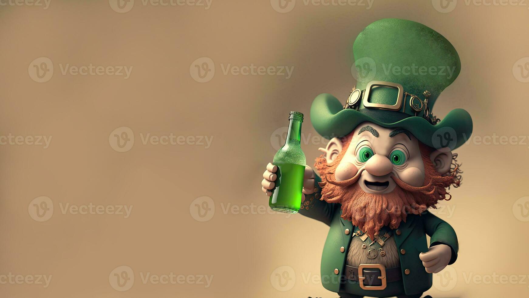 3D Render of Cheerful Leprechaun Man Character Holding Alcohol Bottle On Brown Background And Copy Space. St. Patrick's Day Concept. photo